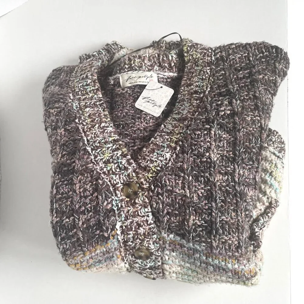 Free People Isabella Cardigan Chunky Knit Slouchy Brown Cream Patchwork M